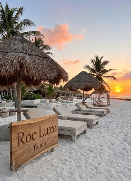 Letrero de Roc Luxe Tulum al atardecer en la playa de Tulum